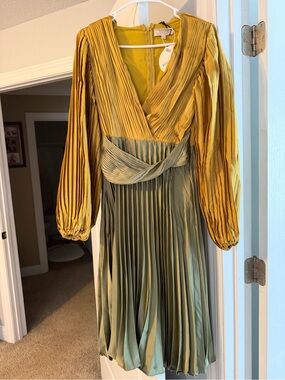 Boohoo Two-Tone Pleated Midi Dress in Mustard Yellow and Olive